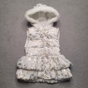 Little Lass Vest 5 Girls White Gold Floral Quilted Puffer Faux Fur Hood Ruffles